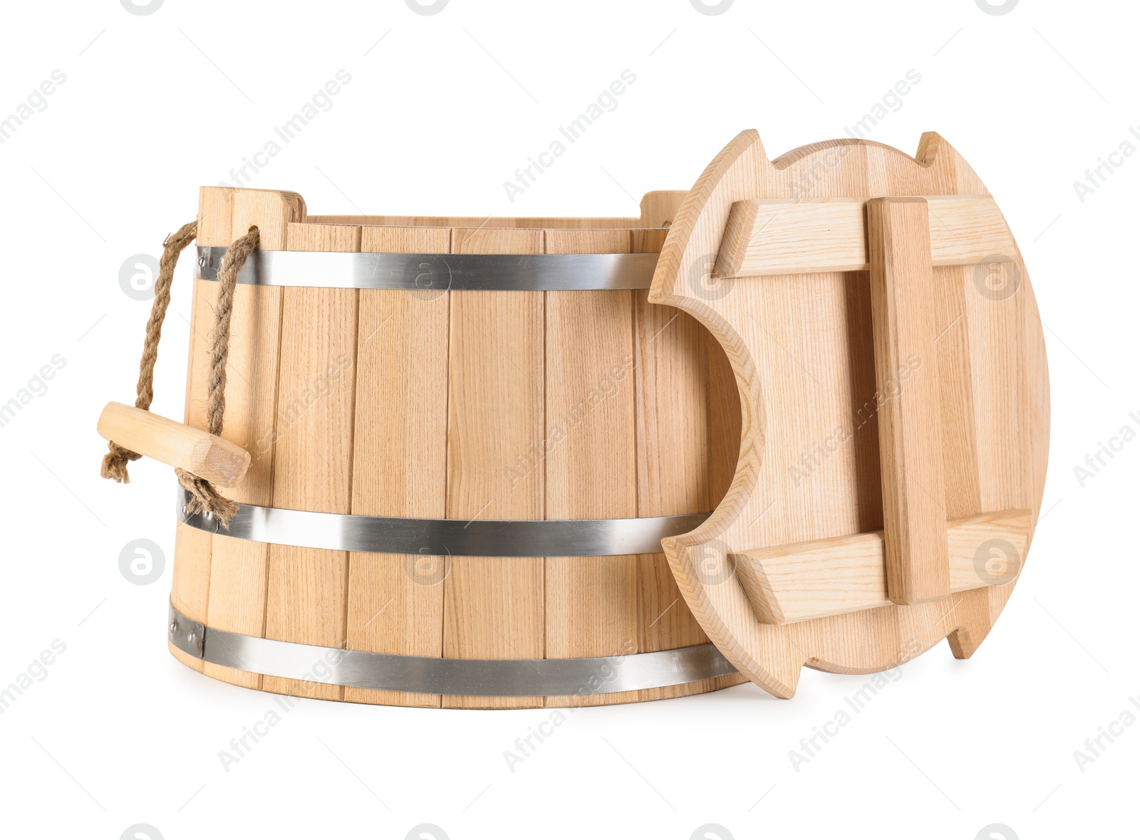 Photo of One wooden bucket isolated on white. Sauna equipment