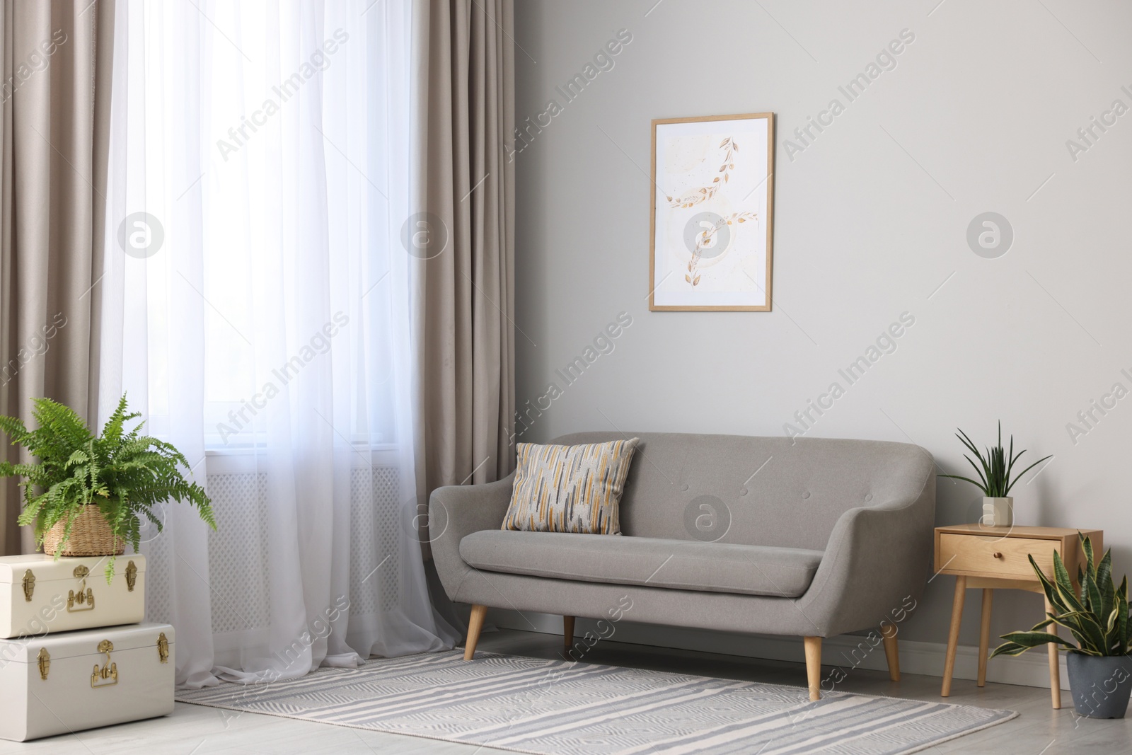 Photo of Comfortable sofa and elegant curtains in living room. Interior design