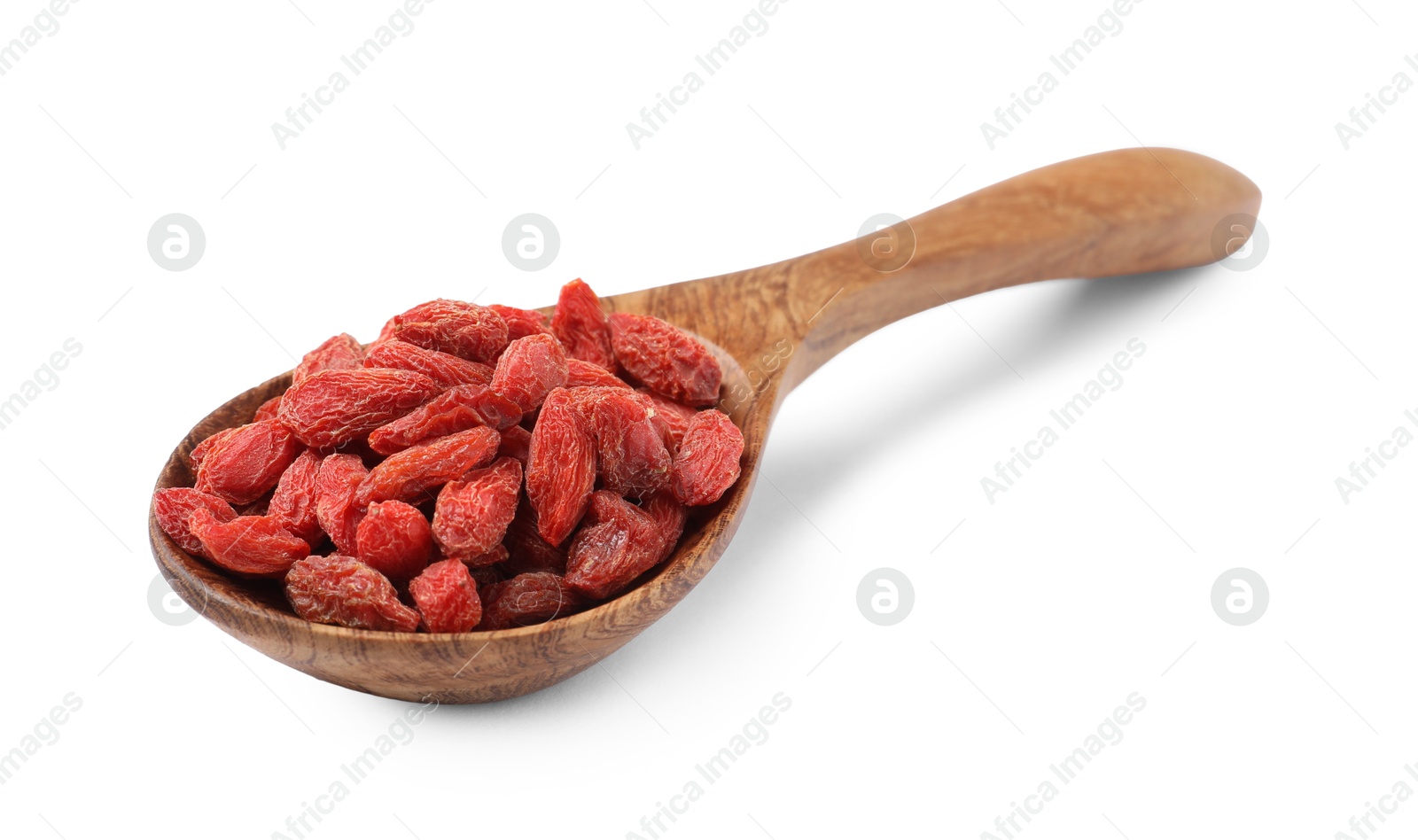 Photo of Dried goji berries in wooden spoon isolated on white