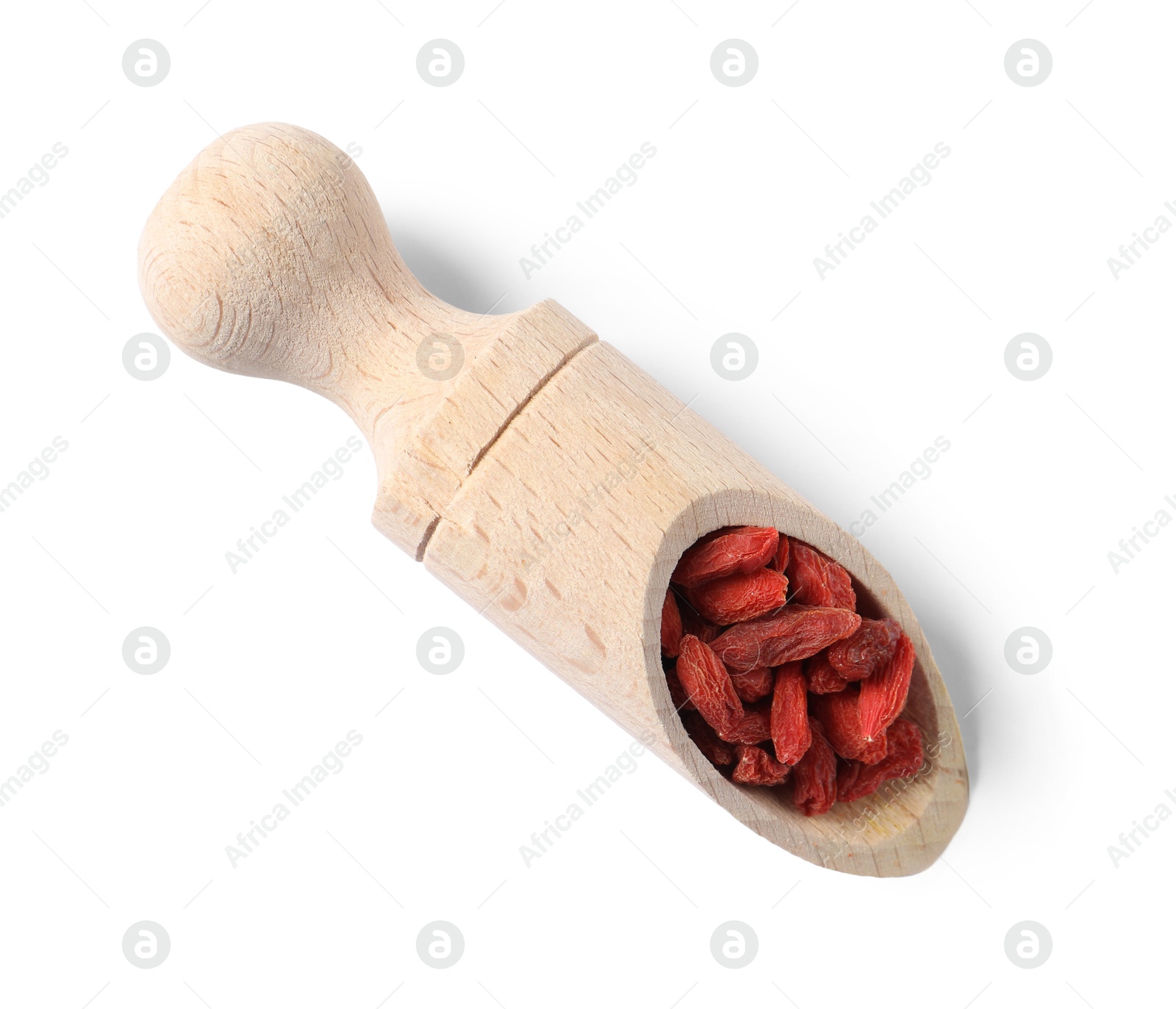 Photo of Dried goji berries in wooden scoop isolated on white, top view