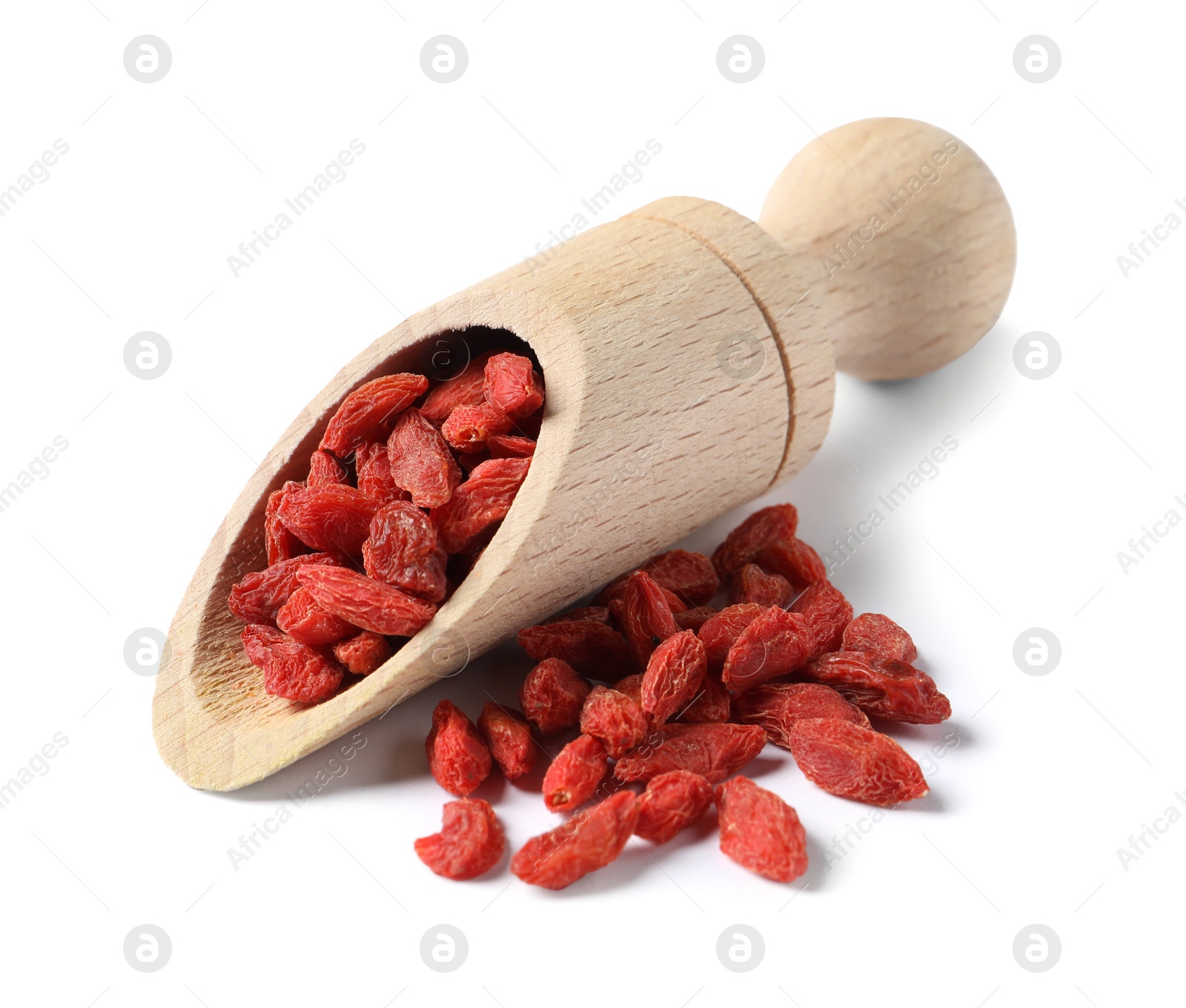 Photo of Dried goji berries in wooden scoop isolated on white