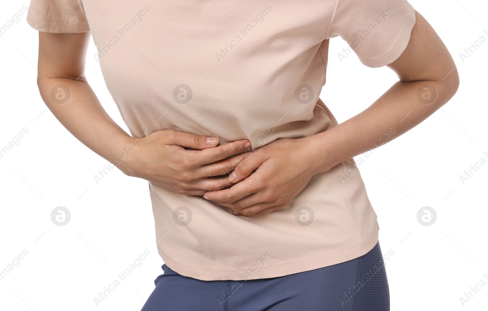 Photo of Indigestion problem. Woman suffering from stomachache, closeup