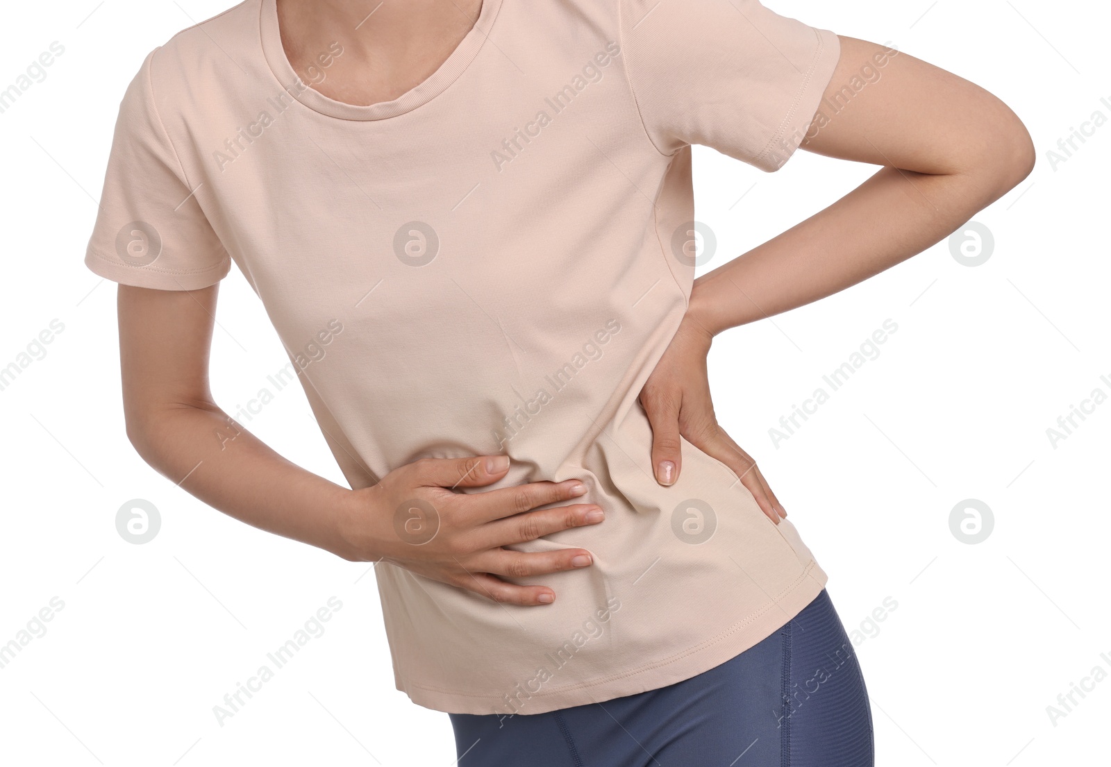 Photo of Indigestion problem. Woman suffering from stomachache, closeup