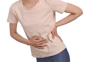 Indigestion problem. Woman suffering from stomachache, closeup