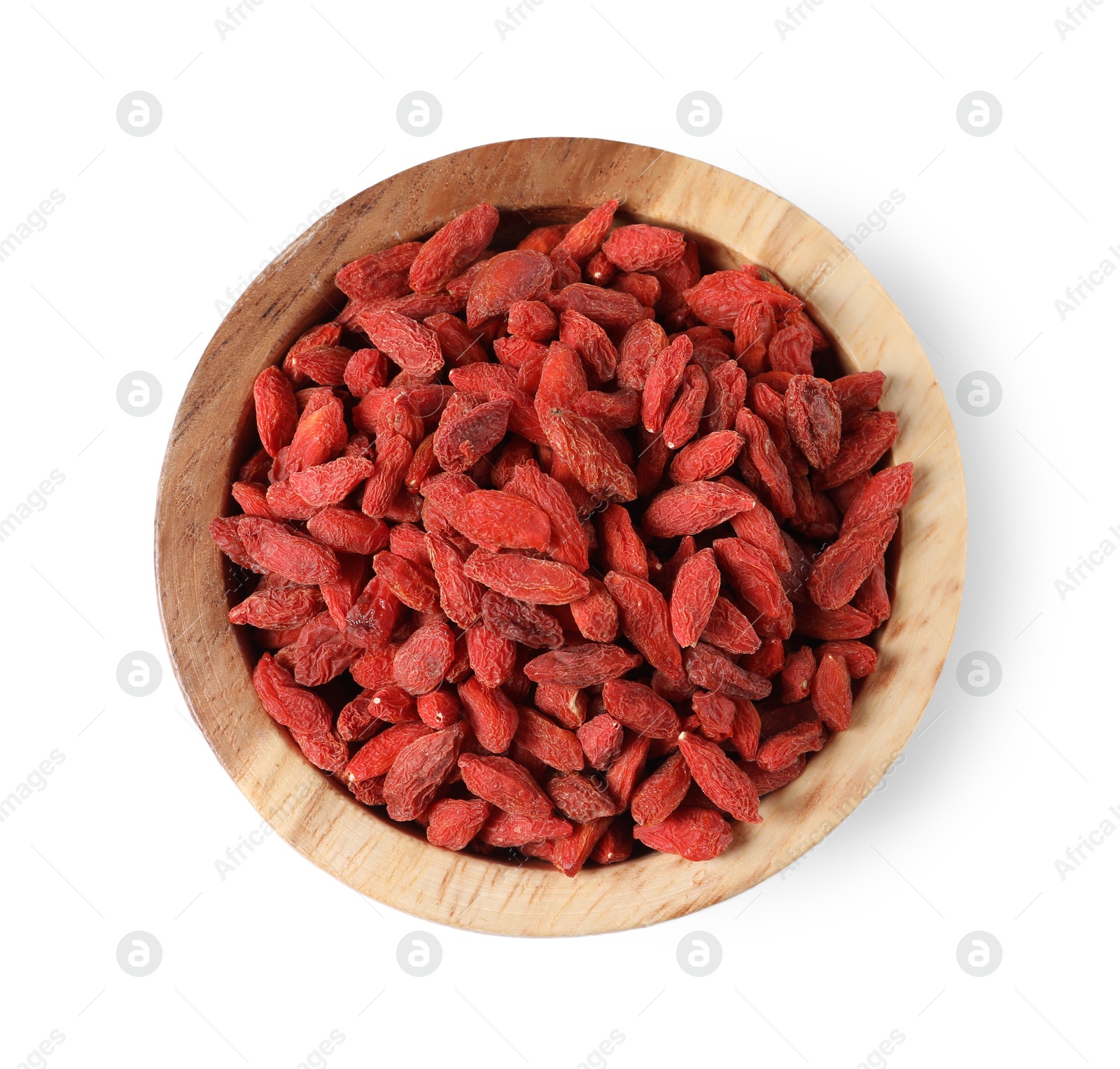 Photo of Dried goji berries in wooden bowl isolated on white, top view