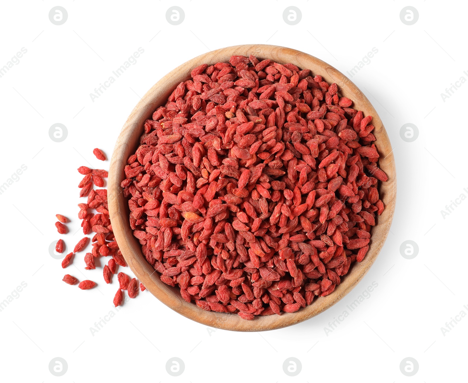 Photo of Dried goji berries in bowl isolated on white, top view