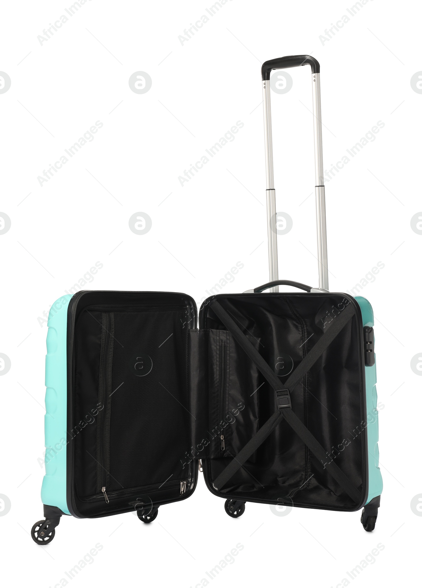 Photo of Open empty suitcase for travelling isolated on white