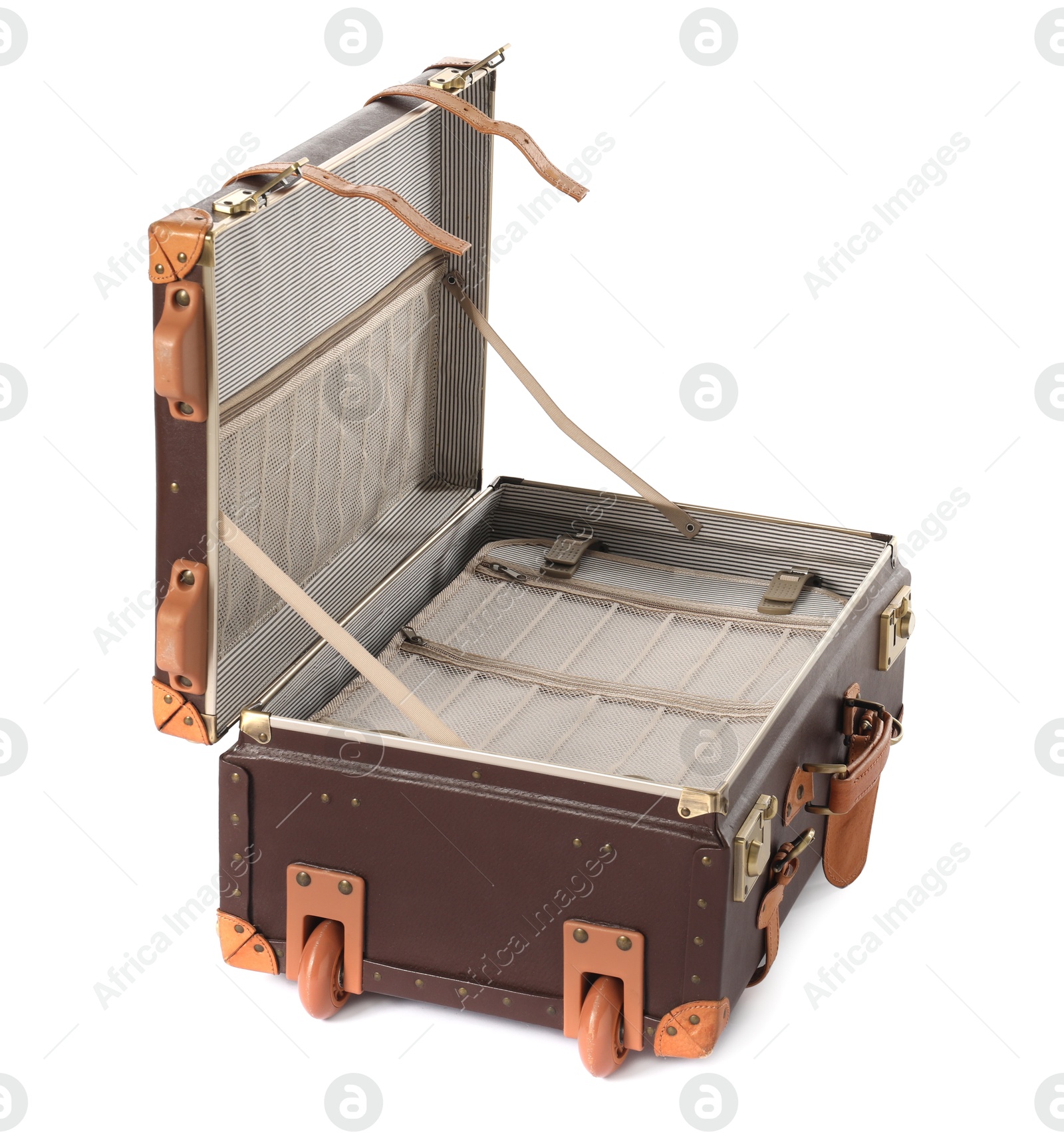 Photo of Open empty suitcase for travelling isolated on white