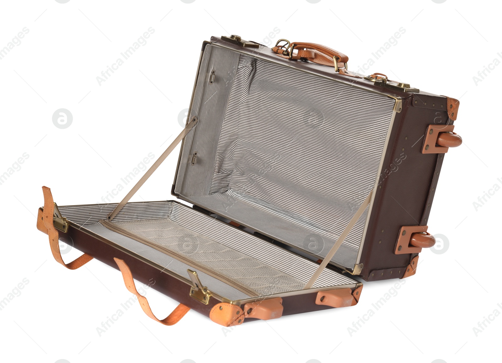 Photo of Open empty suitcase for travelling isolated on white