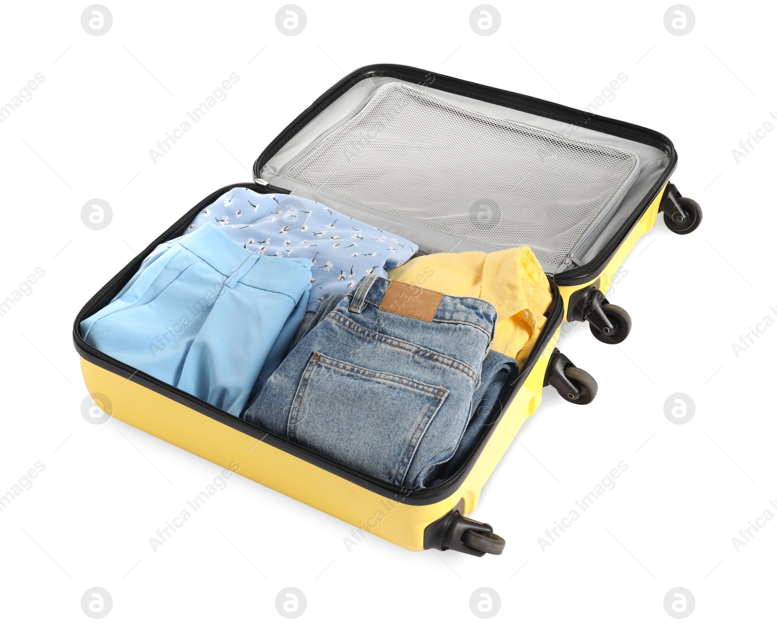 Photo of Open suitcase with clothes packed for travelling isolated on white