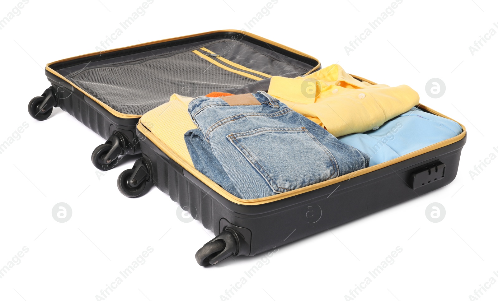 Photo of Open suitcase with clothes packed for travelling isolated on white