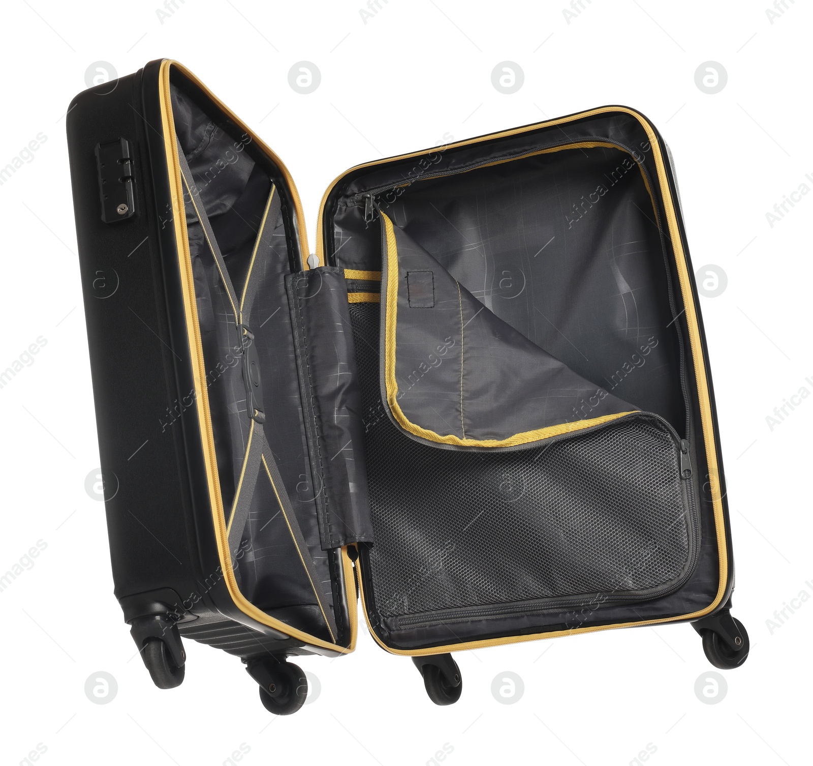 Photo of Open empty suitcase for travelling in air isolated on white