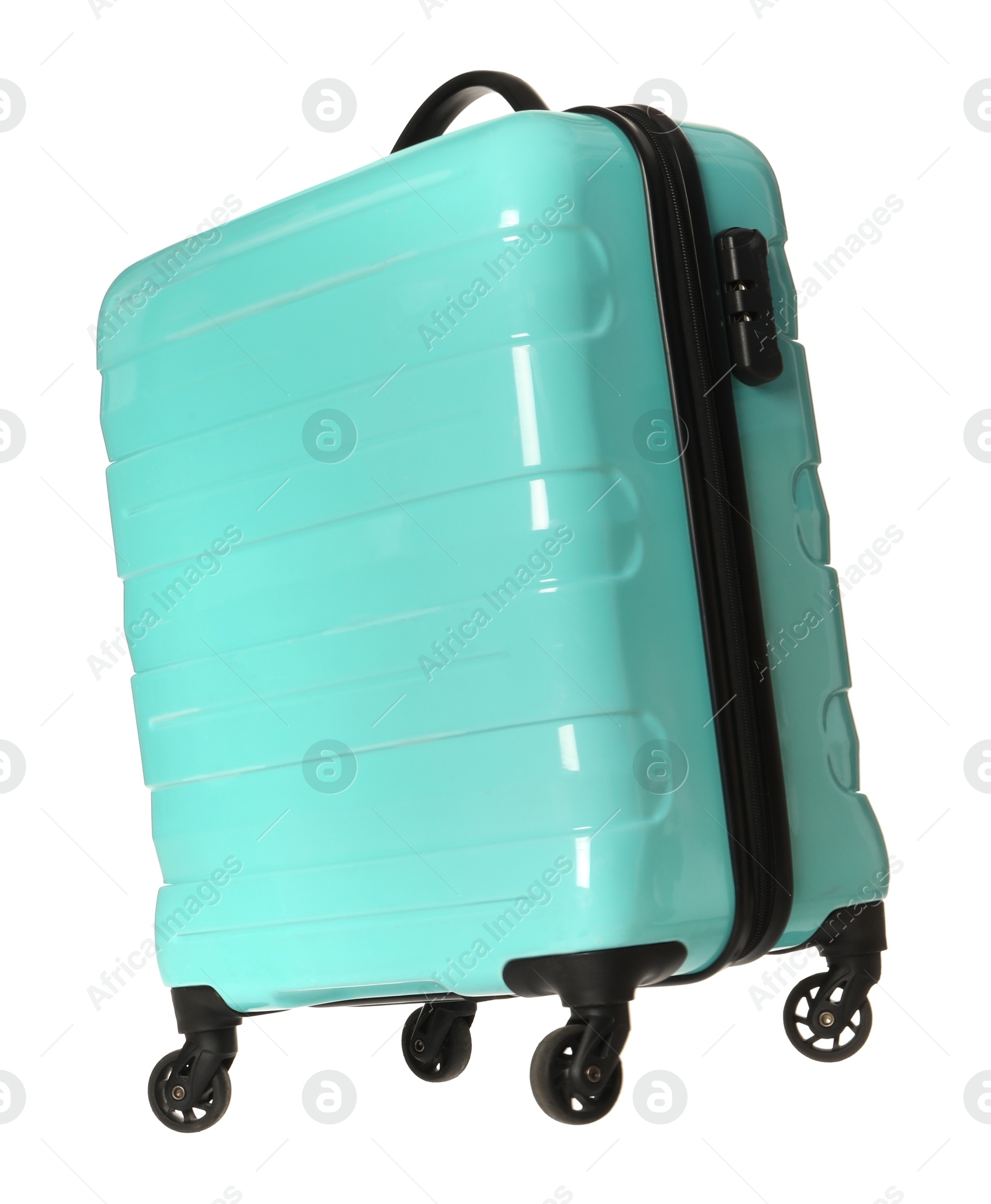 Photo of One new turquoise suitcase isolated on white