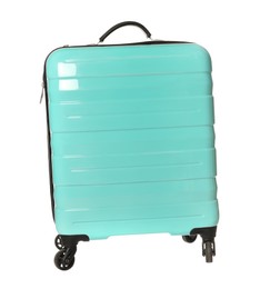 Photo of One new turquoise suitcase isolated on white