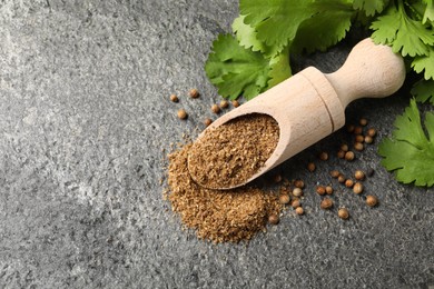 Photo of Coriander powder in scoop, seeds and green leaves on grey table, top view. Space for text