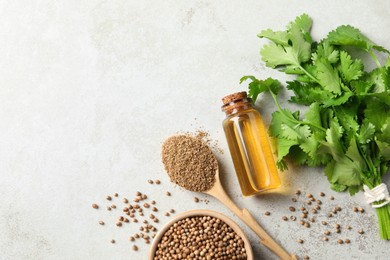 Photo of Coriander essential oil, powder, seeds and green leaves on light grey table, flat lay. Space for text