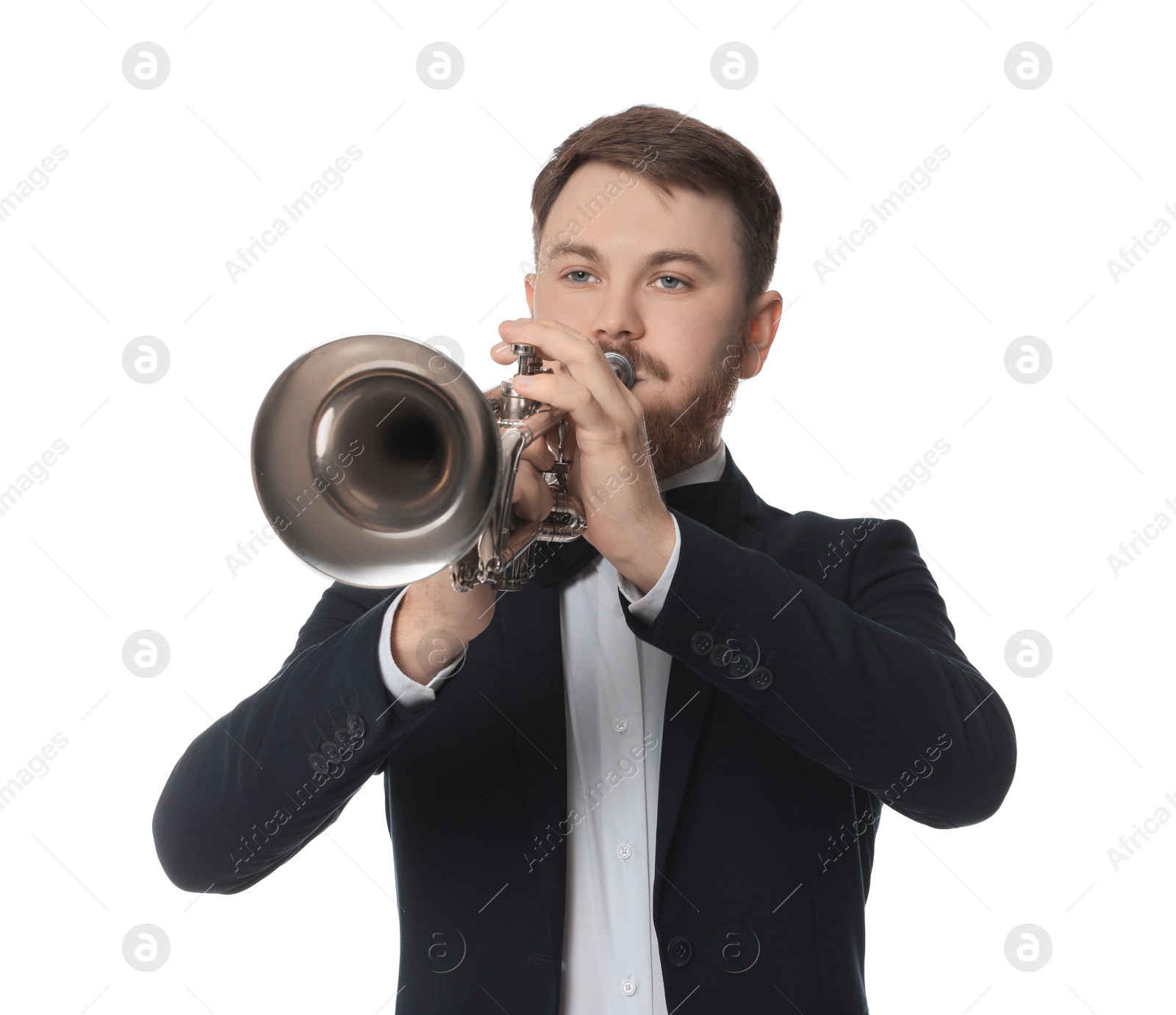 Photo of Handsome musician playing trumpet on white background