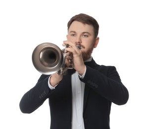 Handsome musician playing trumpet on white background