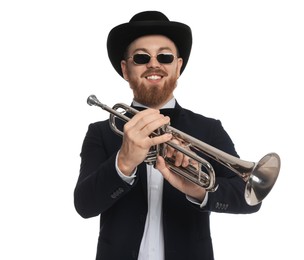 Smiling musician with trumpet on white background