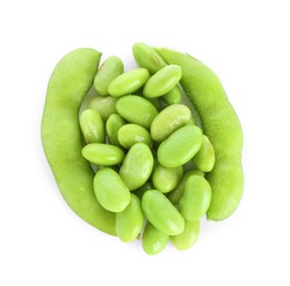 Photo of Raw green edamame soybeans and pods isolated on white, top view