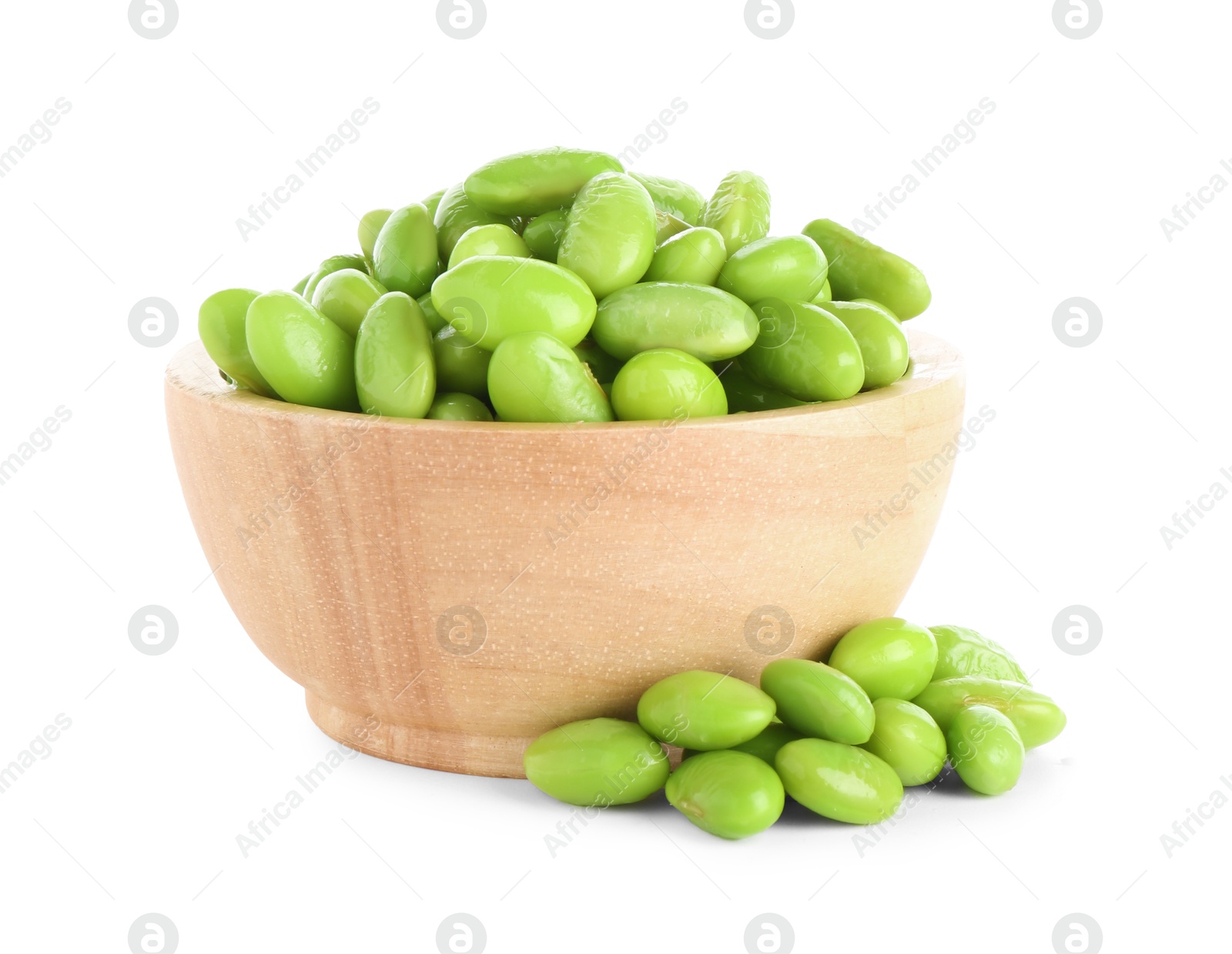 Photo of Raw green edamame soybeans in bowl isolated on white