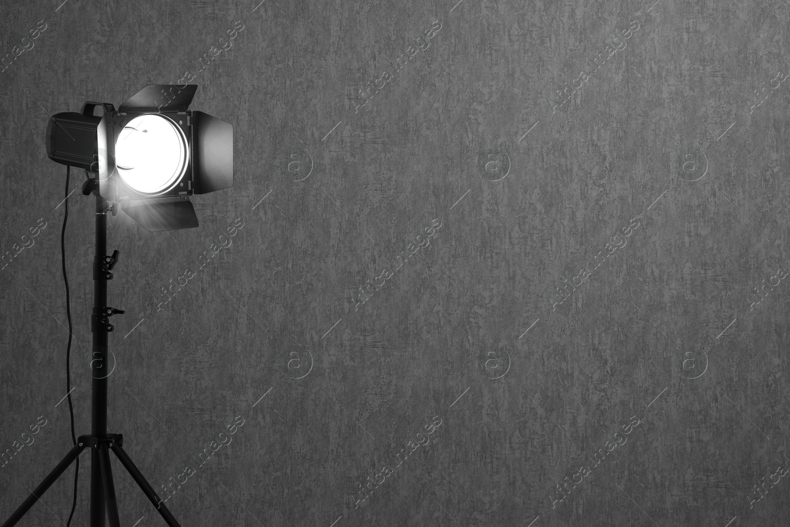 Photo of Grey photo background and professional lighting equipment in studio, space for text