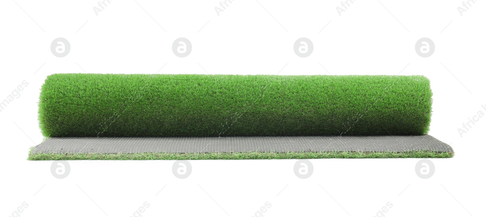 Photo of Roll of green artificial grass isolated on white