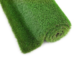 Photo of Roll of green artificial grass isolated on white