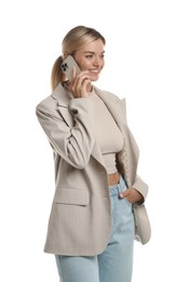 Photo of Beautiful woman in stylish jacket talking on smartphone against white background