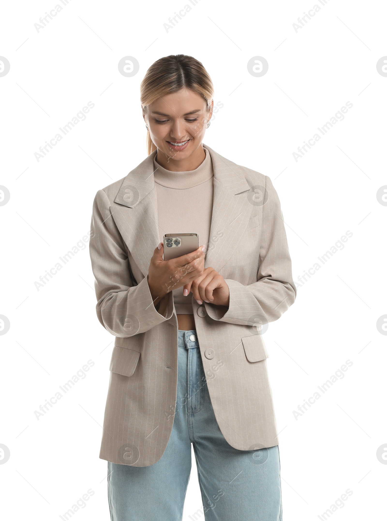 Photo of Beautiful woman in stylish jacket using smartphone on white background