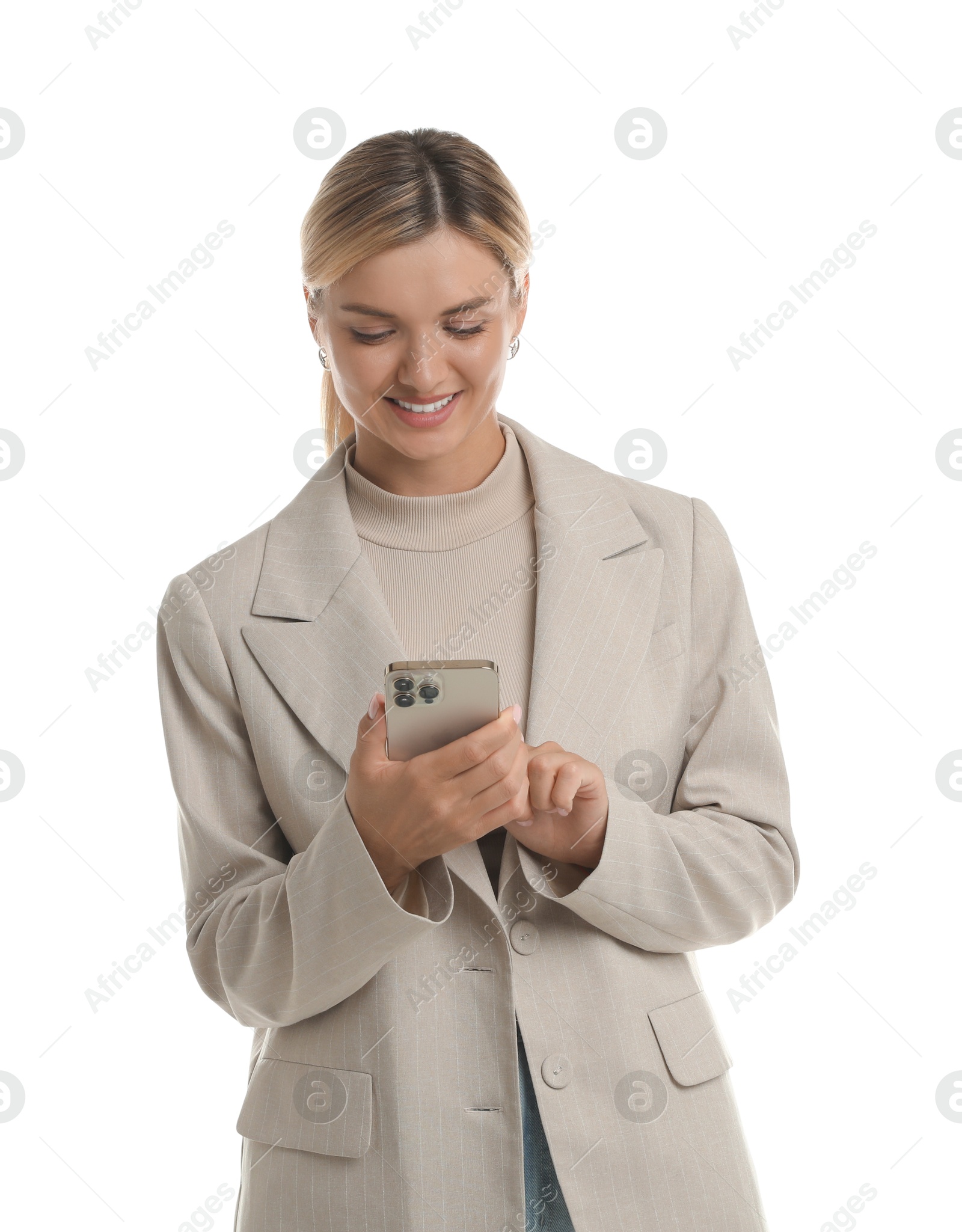 Photo of Beautiful woman in stylish jacket using smartphone on white background