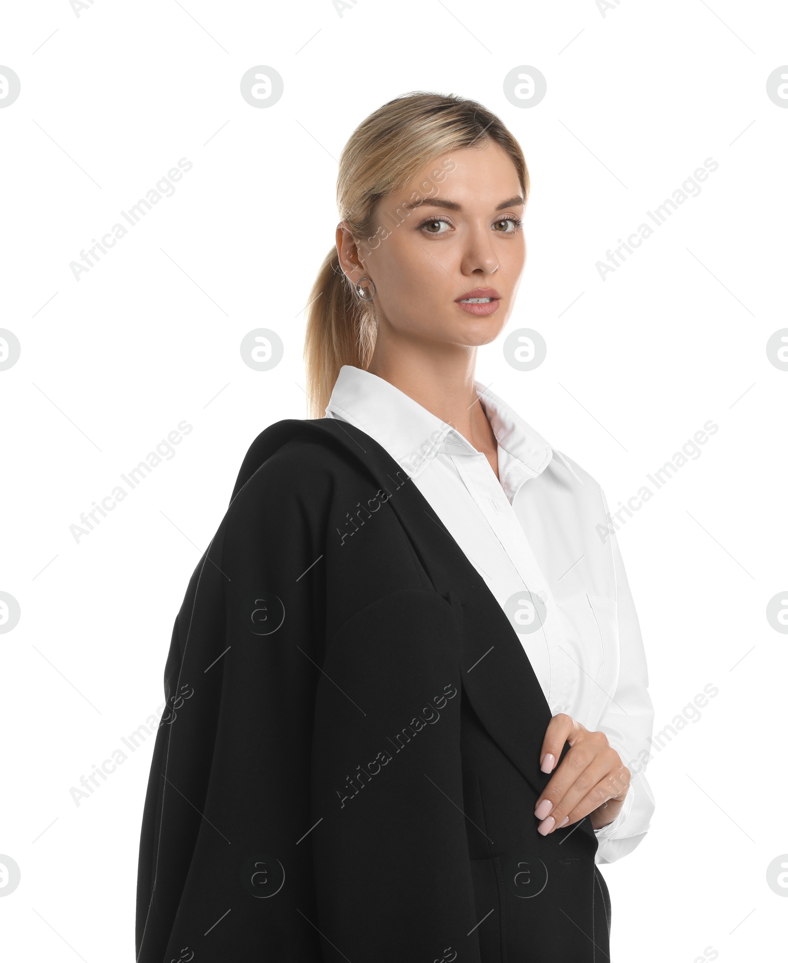 Photo of Beautiful woman in stylish suit on white background