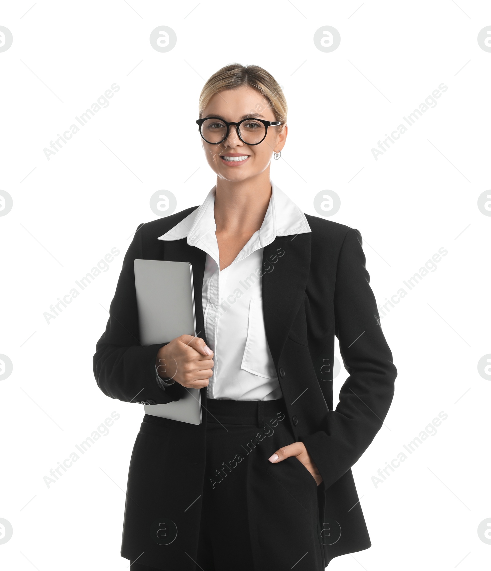 Photo of Beautiful woman in stylish black suit with laptop on white background