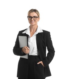 Beautiful woman in stylish black suit with laptop on white background