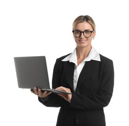 Photo of Beautiful woman in stylish black suit using laptop on white background