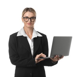 Beautiful woman in stylish black suit using laptop on white background