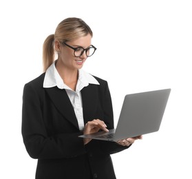 Photo of Beautiful woman in stylish black suit using laptop on white background