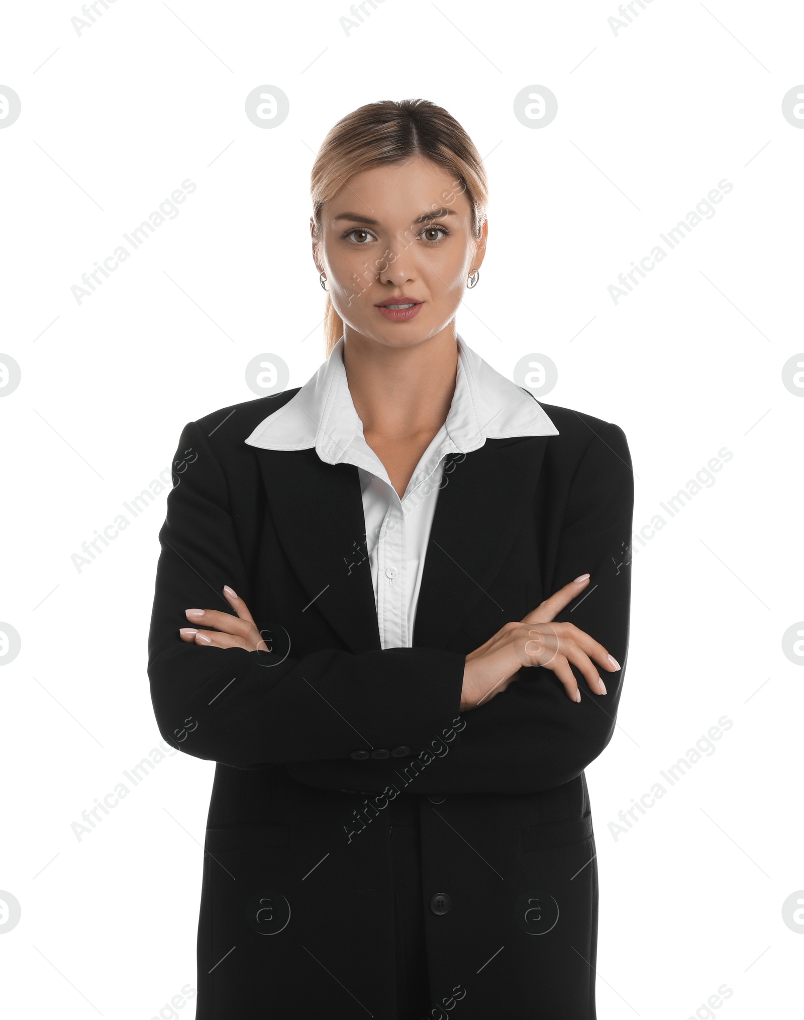 Photo of Beautiful woman in stylish black suit on white background