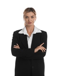 Photo of Beautiful woman in stylish black suit on white background