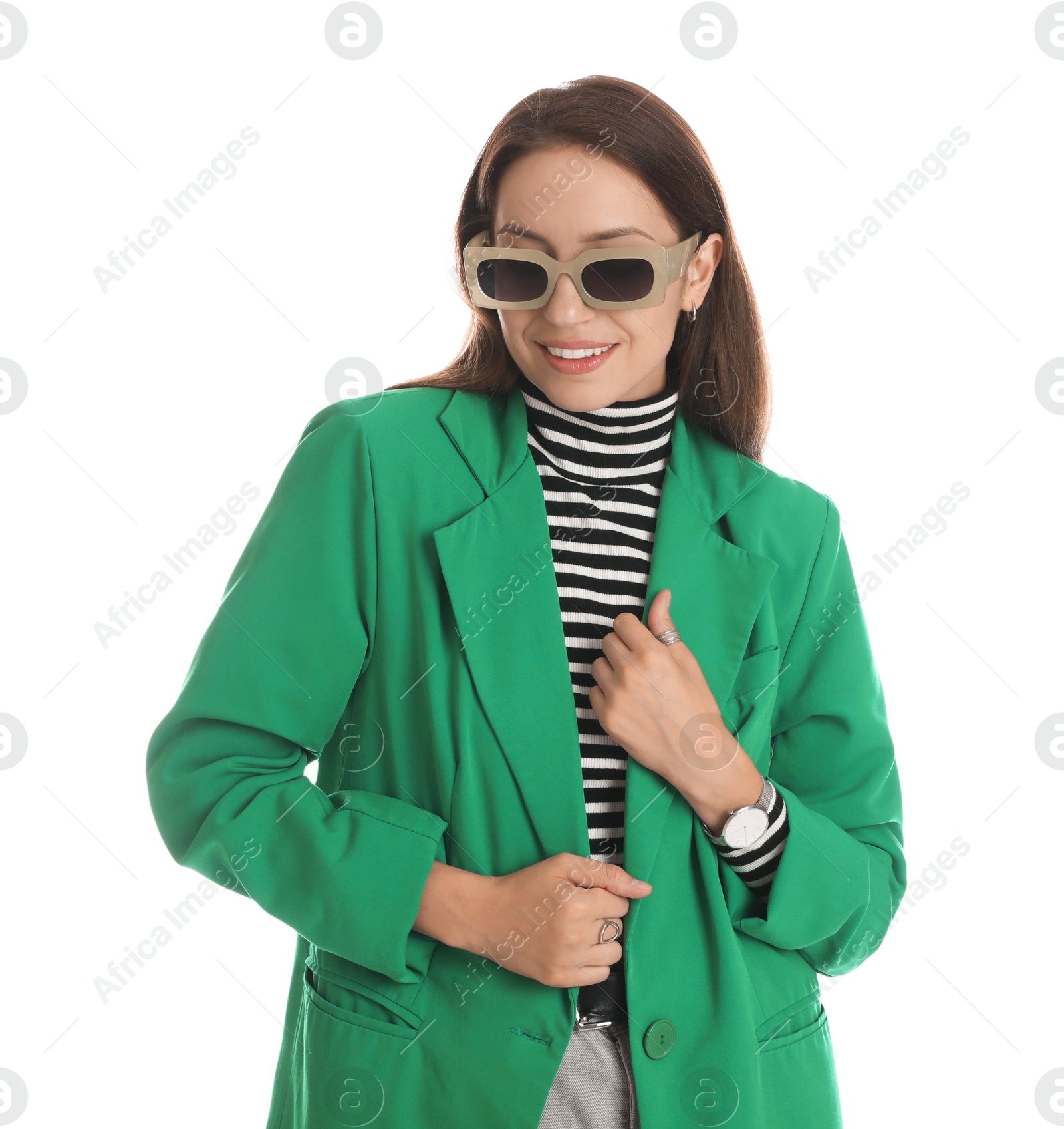 Photo of Beautiful woman in stylish green jacket and sunglasses on white background