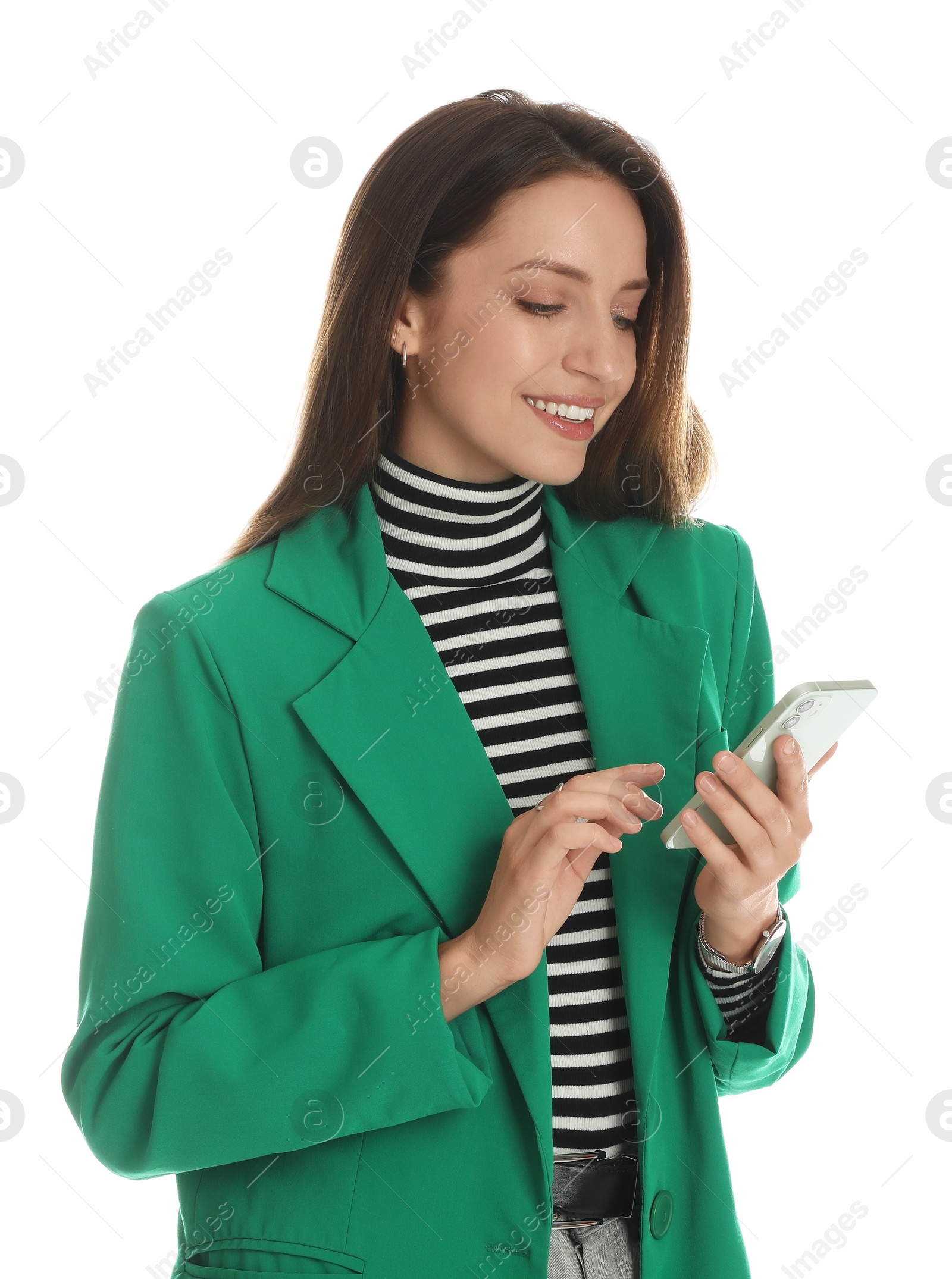 Photo of Beautiful woman in stylish green jacket with phone on white background