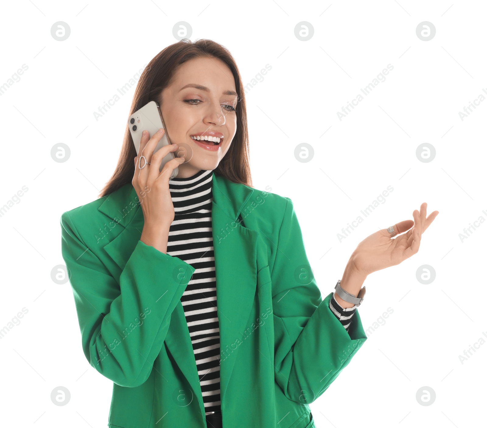 Photo of Beautiful woman in stylish green jacket talking on phone against white background