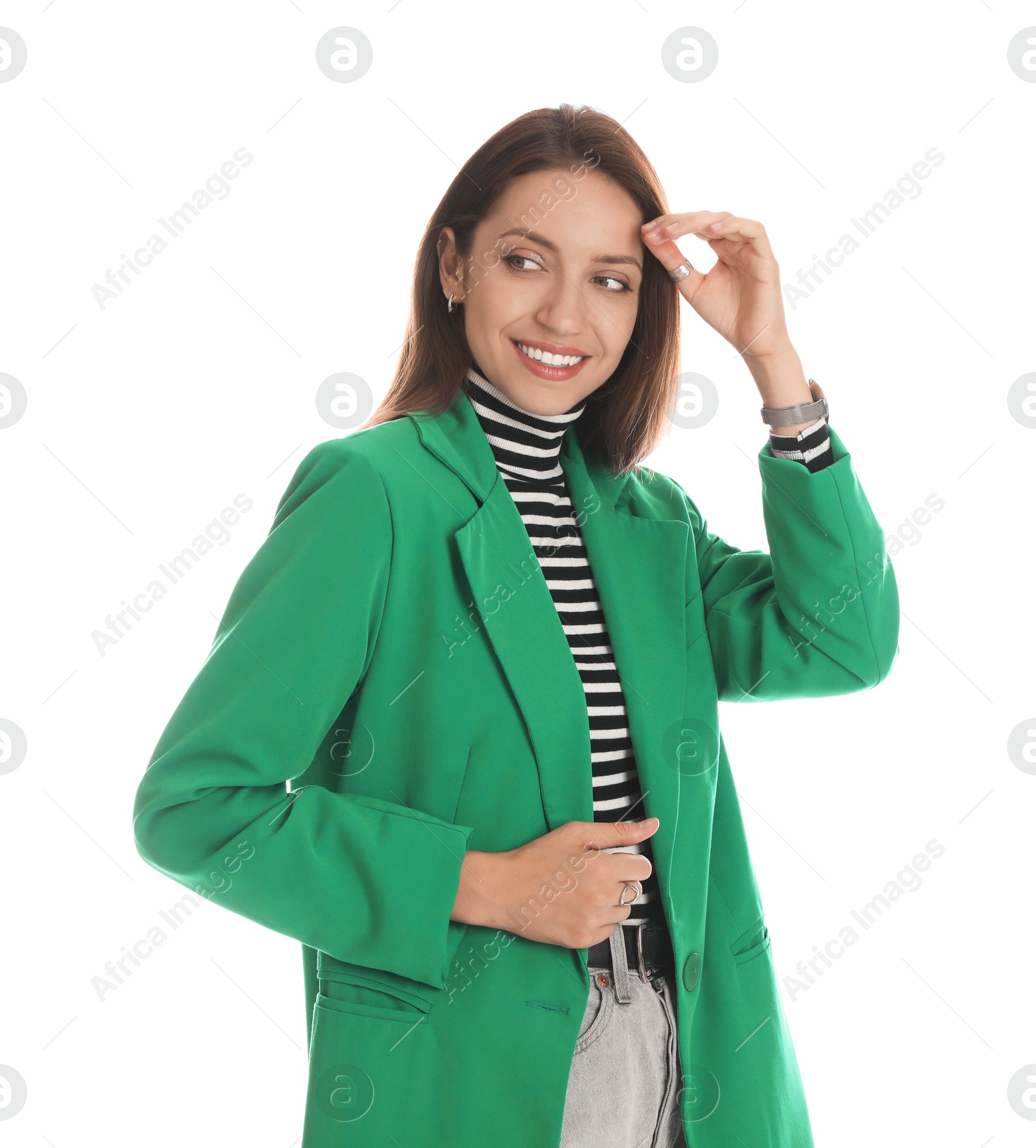 Photo of Beautiful woman in stylish green jacket on white background