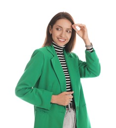 Beautiful woman in stylish green jacket on white background