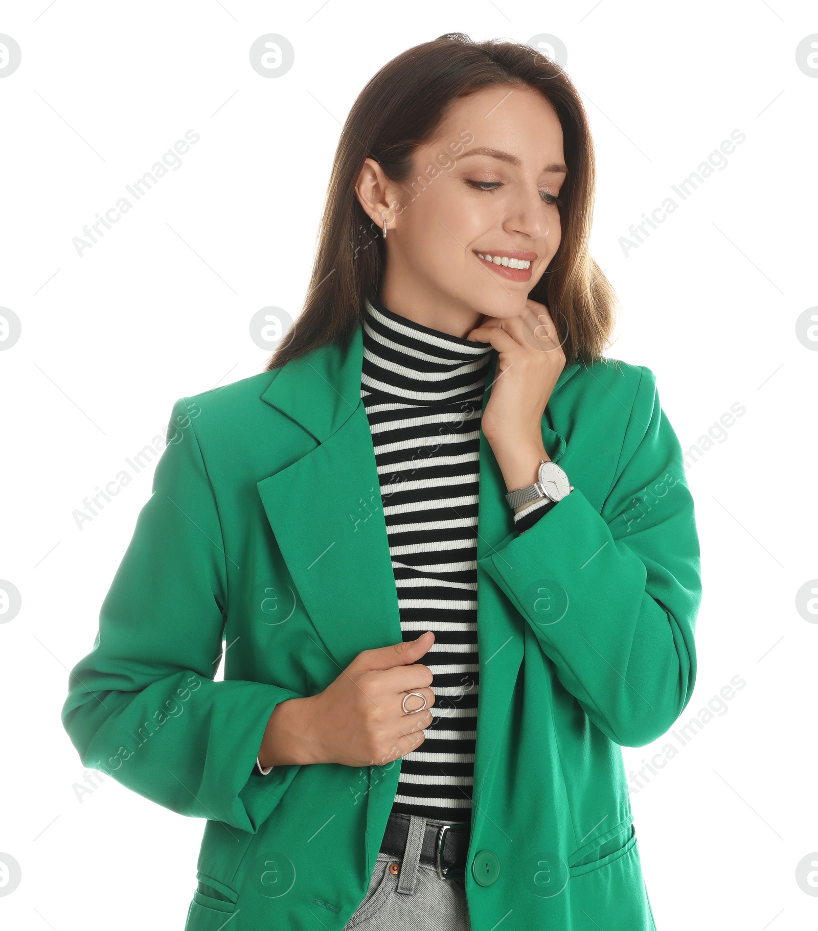 Photo of Beautiful woman in stylish green jacket on white background