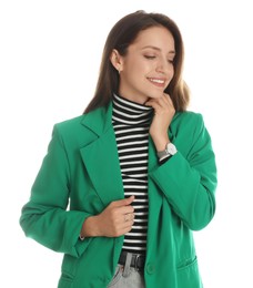 Photo of Beautiful woman in stylish green jacket on white background