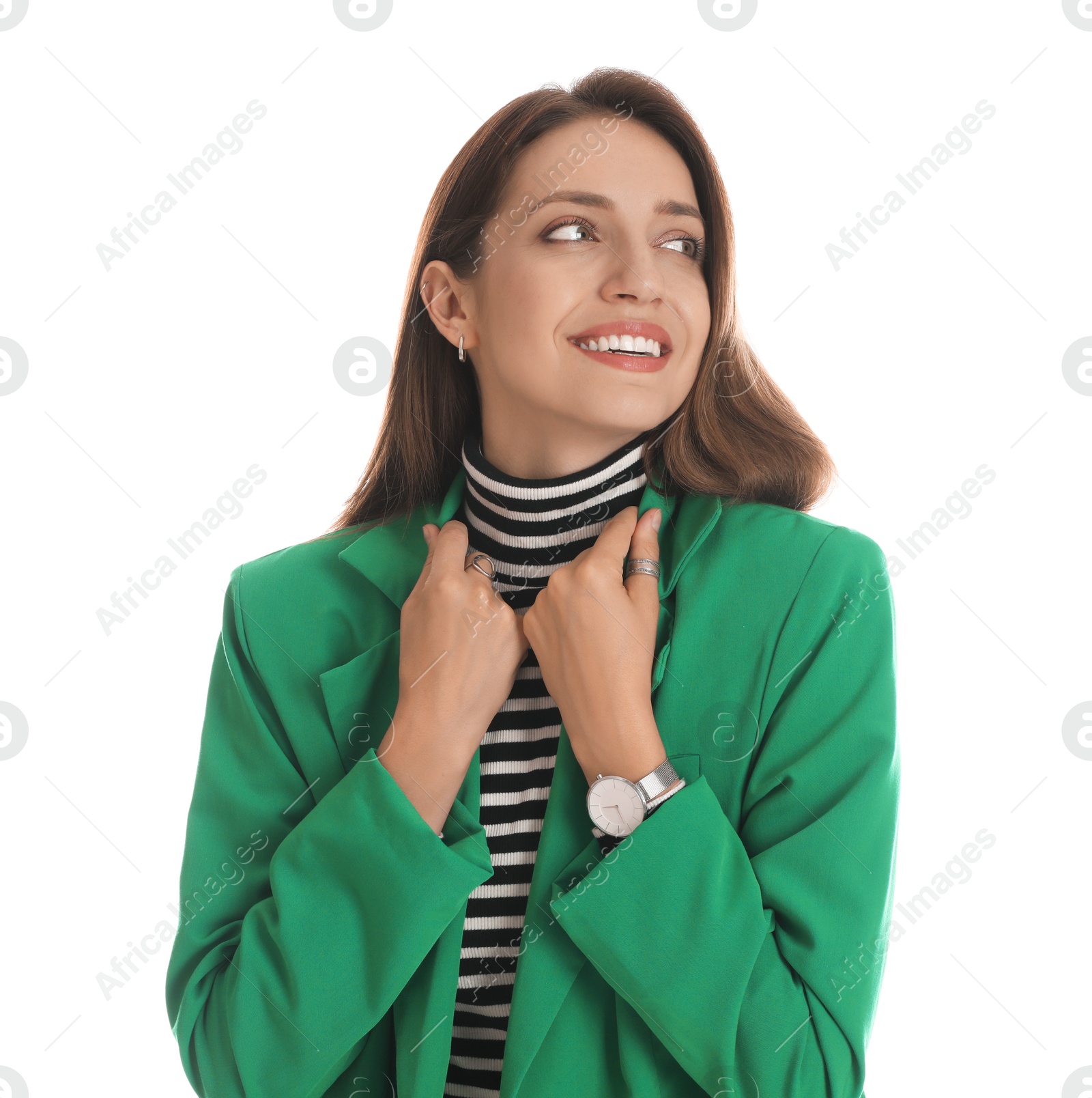 Photo of Beautiful woman in stylish green jacket on white background