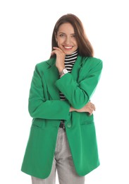 Beautiful woman in stylish green jacket on white background