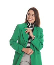 Beautiful woman in stylish green jacket on white background