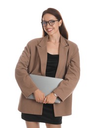 Beautiful woman in stylish brown jacket, glasses and black dress with laptop on white background